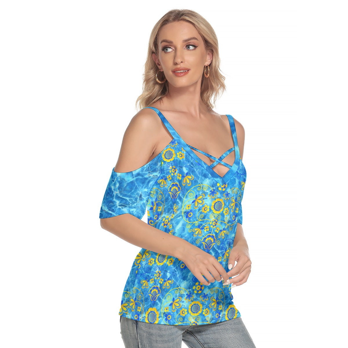 Bright Blue UN Hearts Women's Cold Shoulder Top