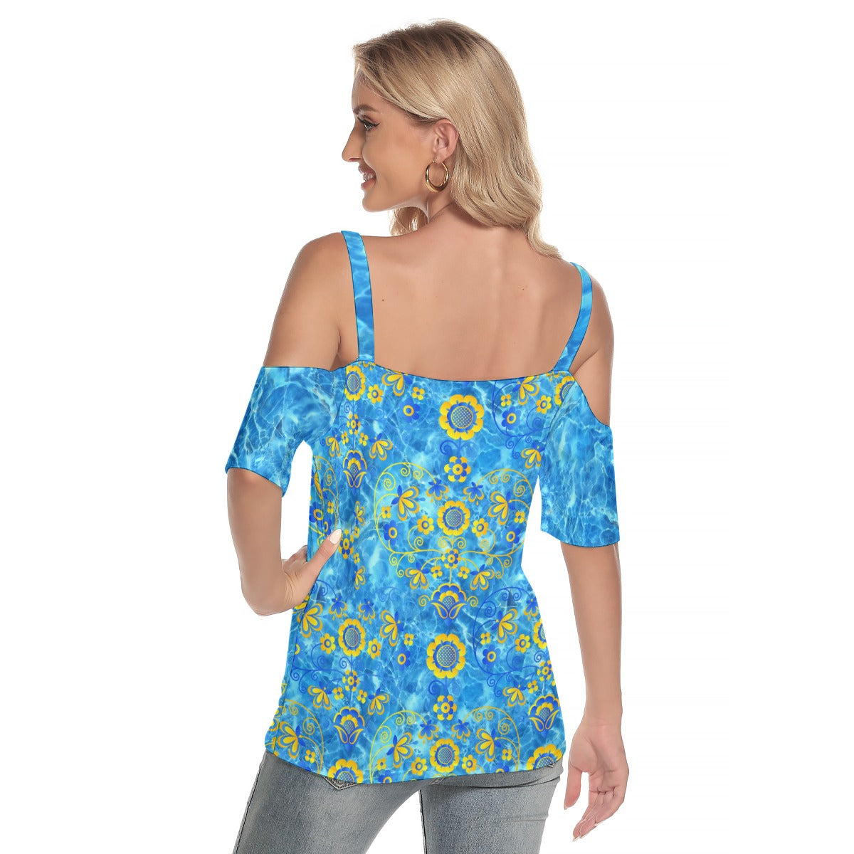 Bright Blue UN Hearts Women's Cold Shoulder Top