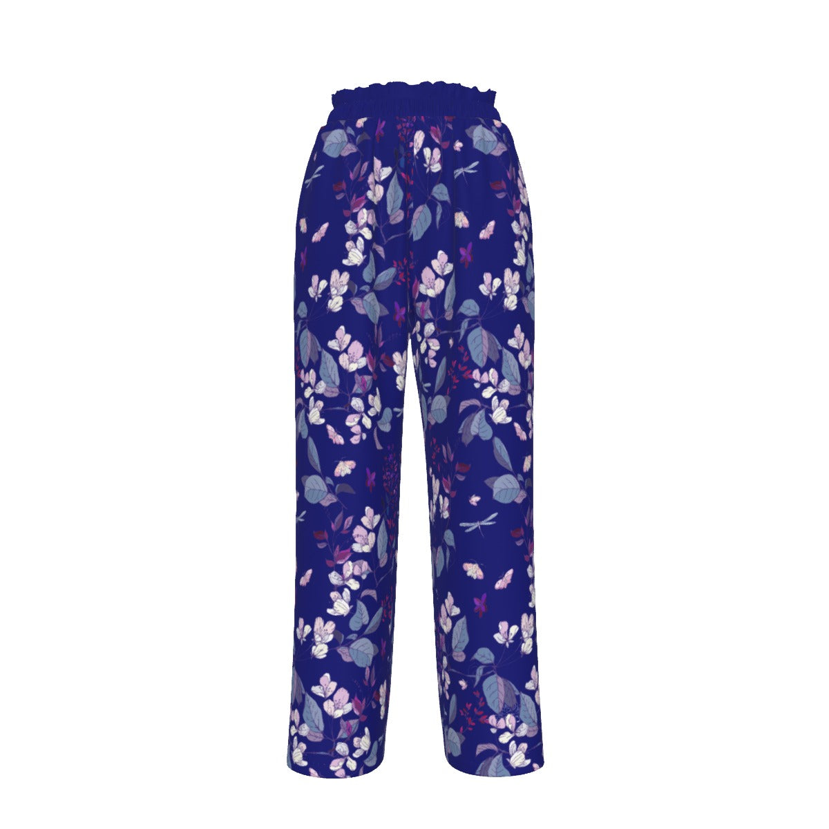 Summer Flowers Faux Silk Women's Summer Pants - Dark Blue