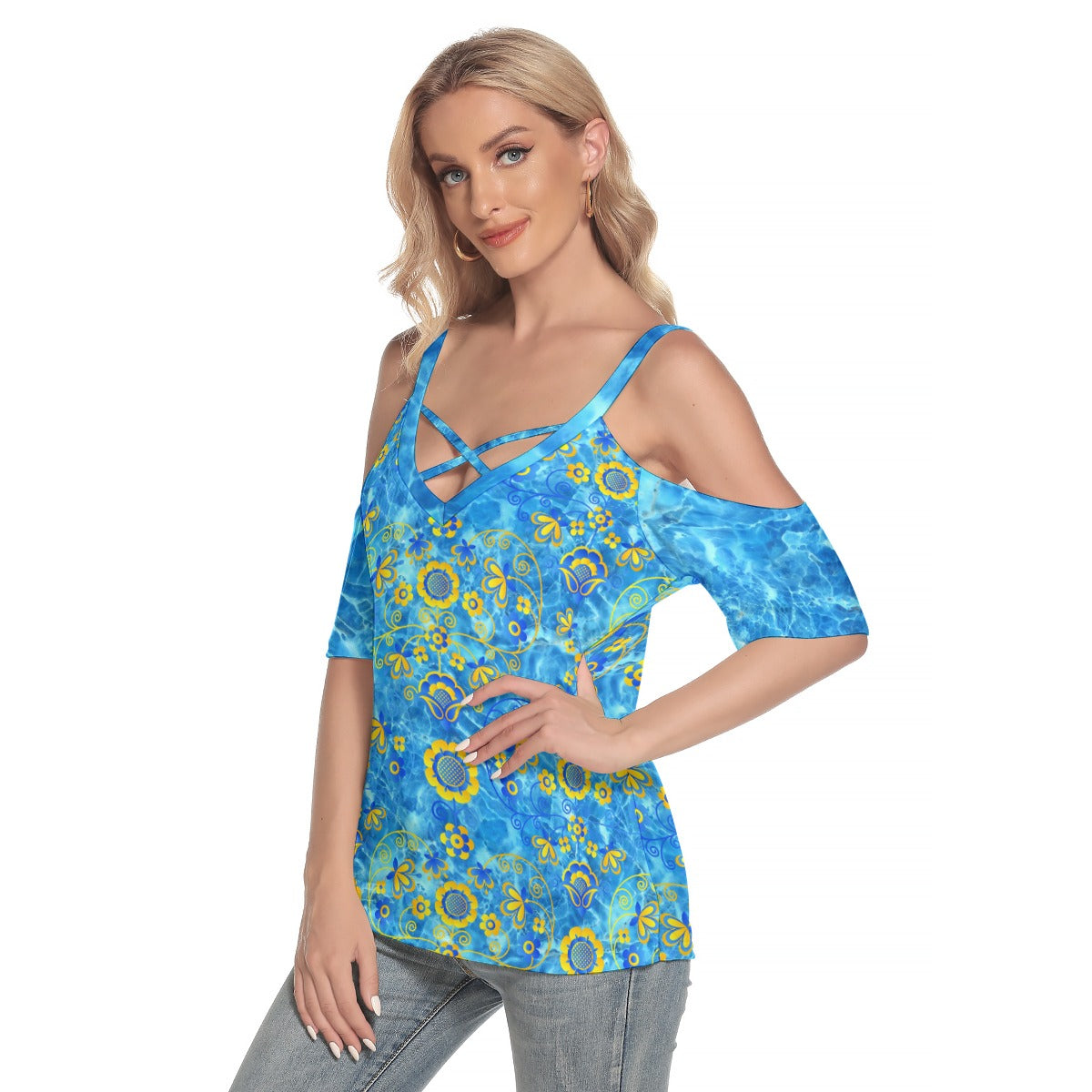 Bright Blue UN Hearts Women's Cold Shoulder Top