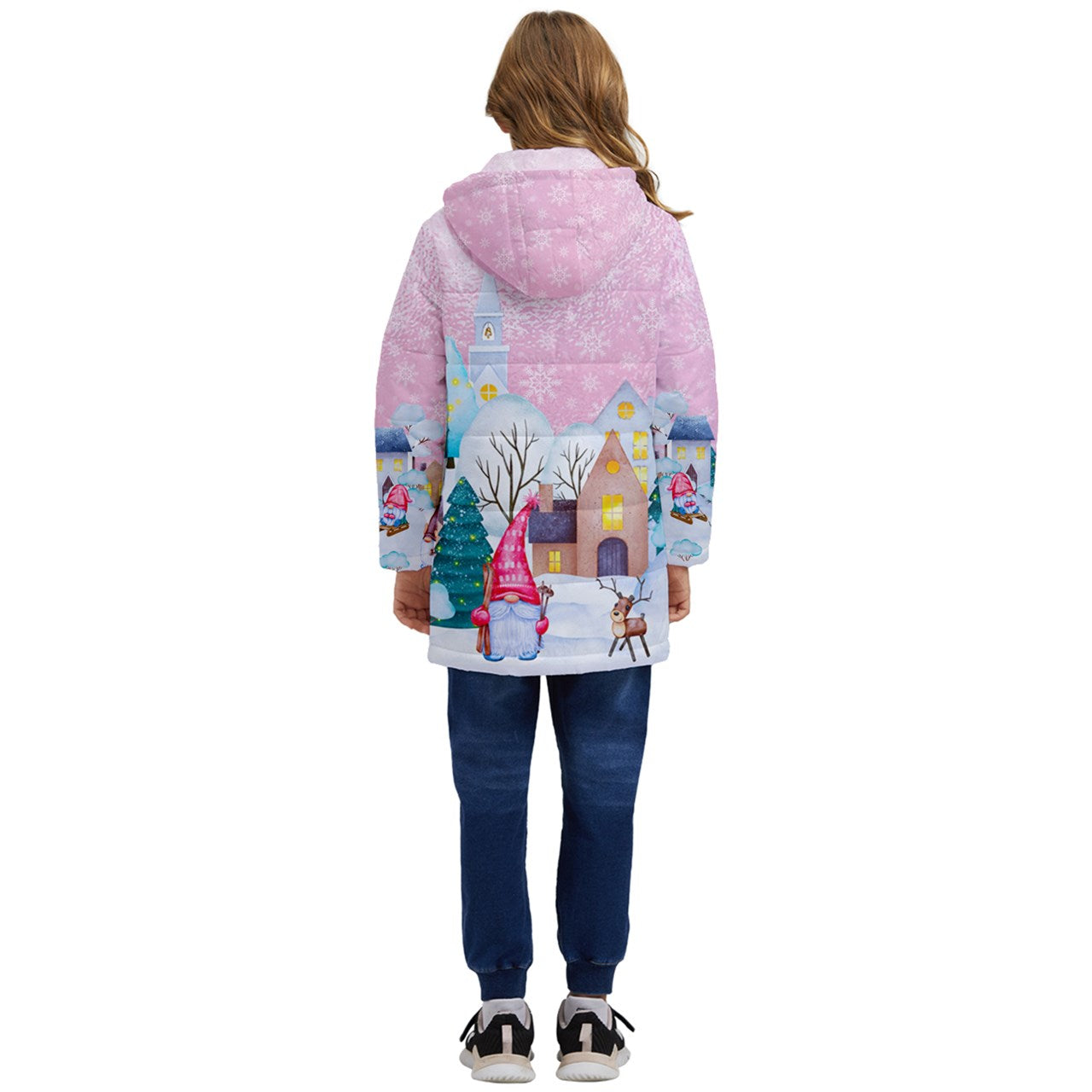Winter Gnome Village Kids Longline Puffer Jacket - pink glass