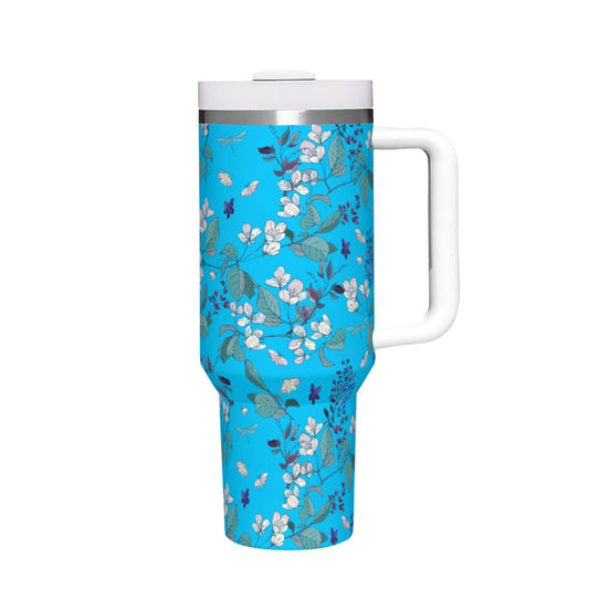 Summer Flowers Blue 40oz Tumbler with Handle Stainless Steel