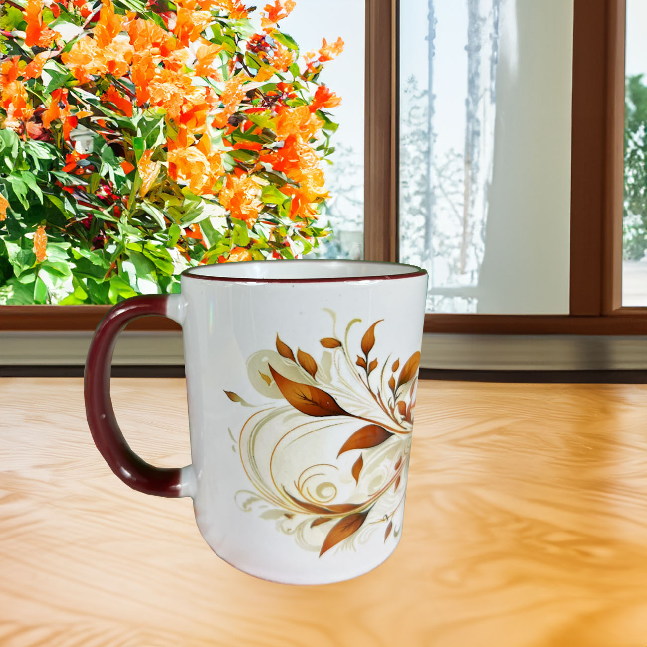 Autumn Swirl 11 oz Mug with Colored Rim and Handle - Reds