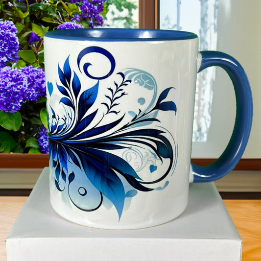 Blue Hearts Swirl 11 oz Mug with Colored Rim and Handle