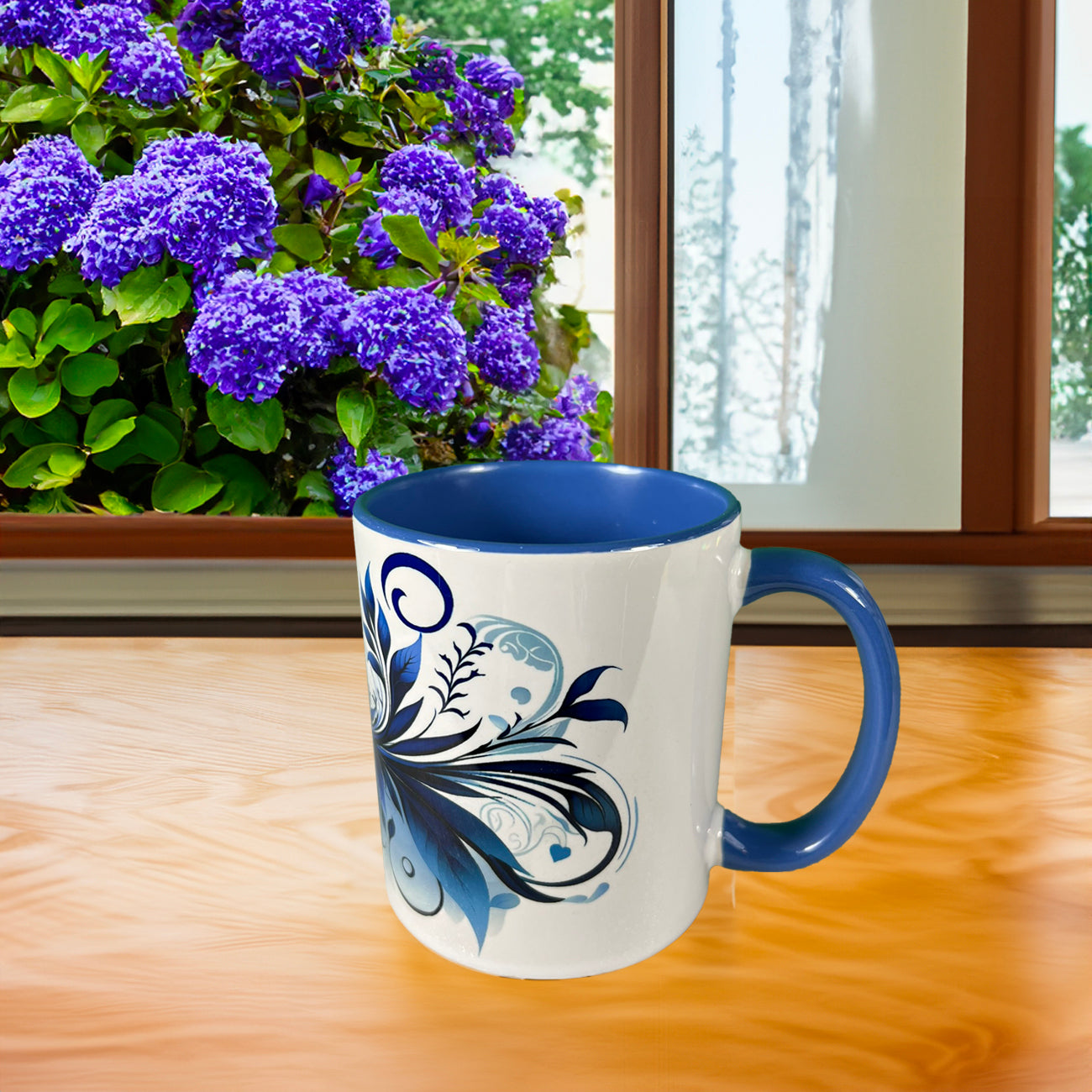 Blue Hearts Swirl 11 oz Mug with Colored Rim and Handle