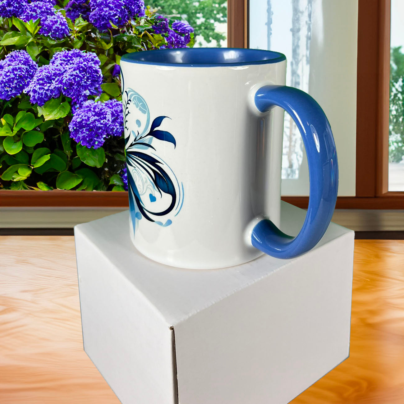 Blue Hearts Swirl 11 oz Mug with Colored Rim and Handle