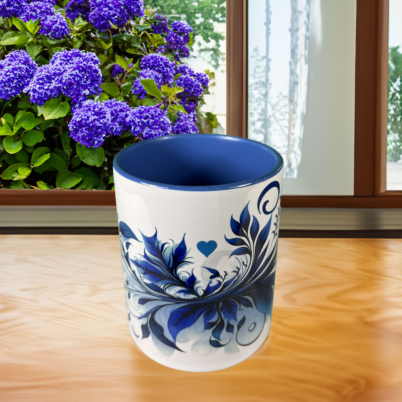 Blue Hearts Swirl 11 oz Mug with Colored Rim and Handle