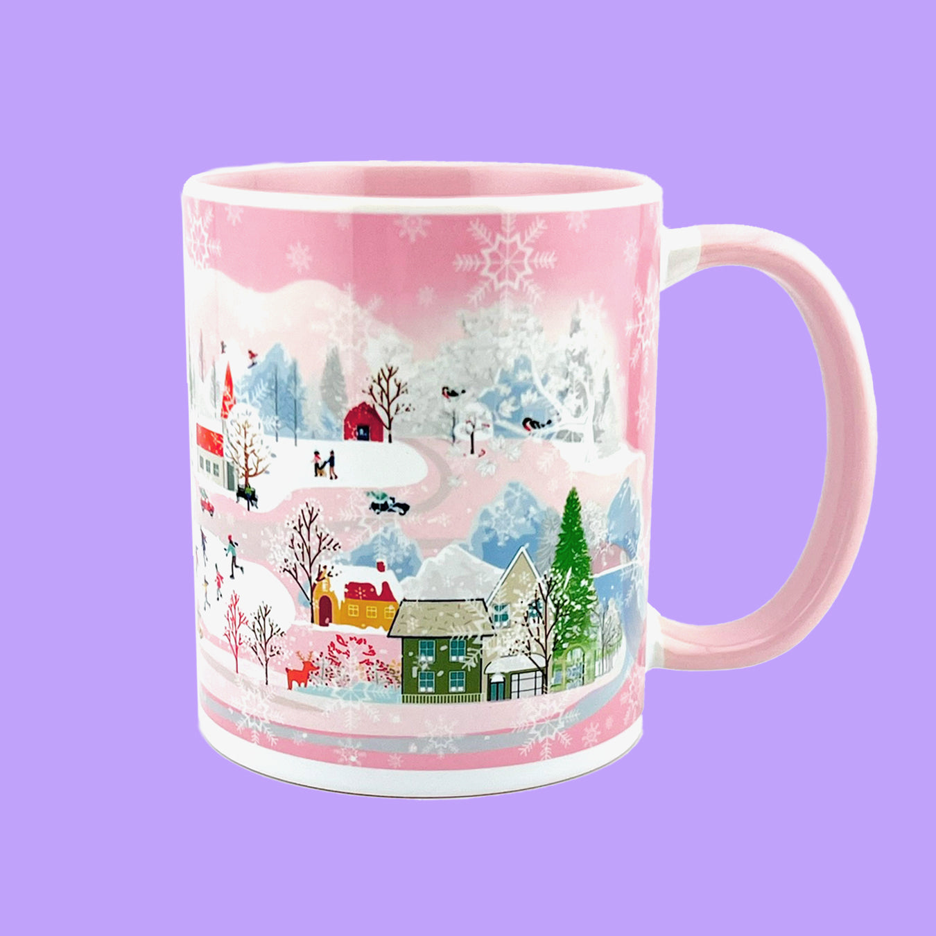 Pink Winter City 11oz Mug - Pink Inside and Handle - Winter Holiday Coffee Mug - Ceramic Tea Cup - Gift For Holiday Season
