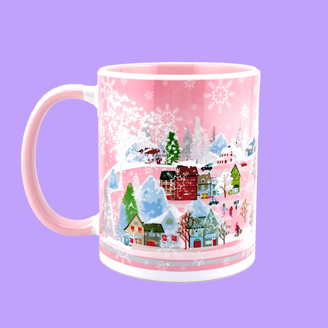 Pink Winter City 11oz Mug - Pink Inside and Handle - Winter Holiday Coffee Mug - Ceramic Tea Cup - Gift For Holiday Season