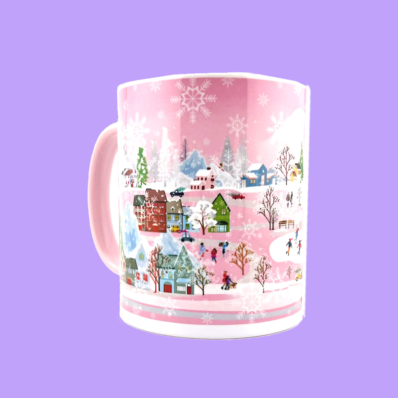 Pink Winter City 11oz Mug - Pink Inside and Handle - Winter Holiday Coffee Mug - Ceramic Tea Cup - Gift For Holiday Season