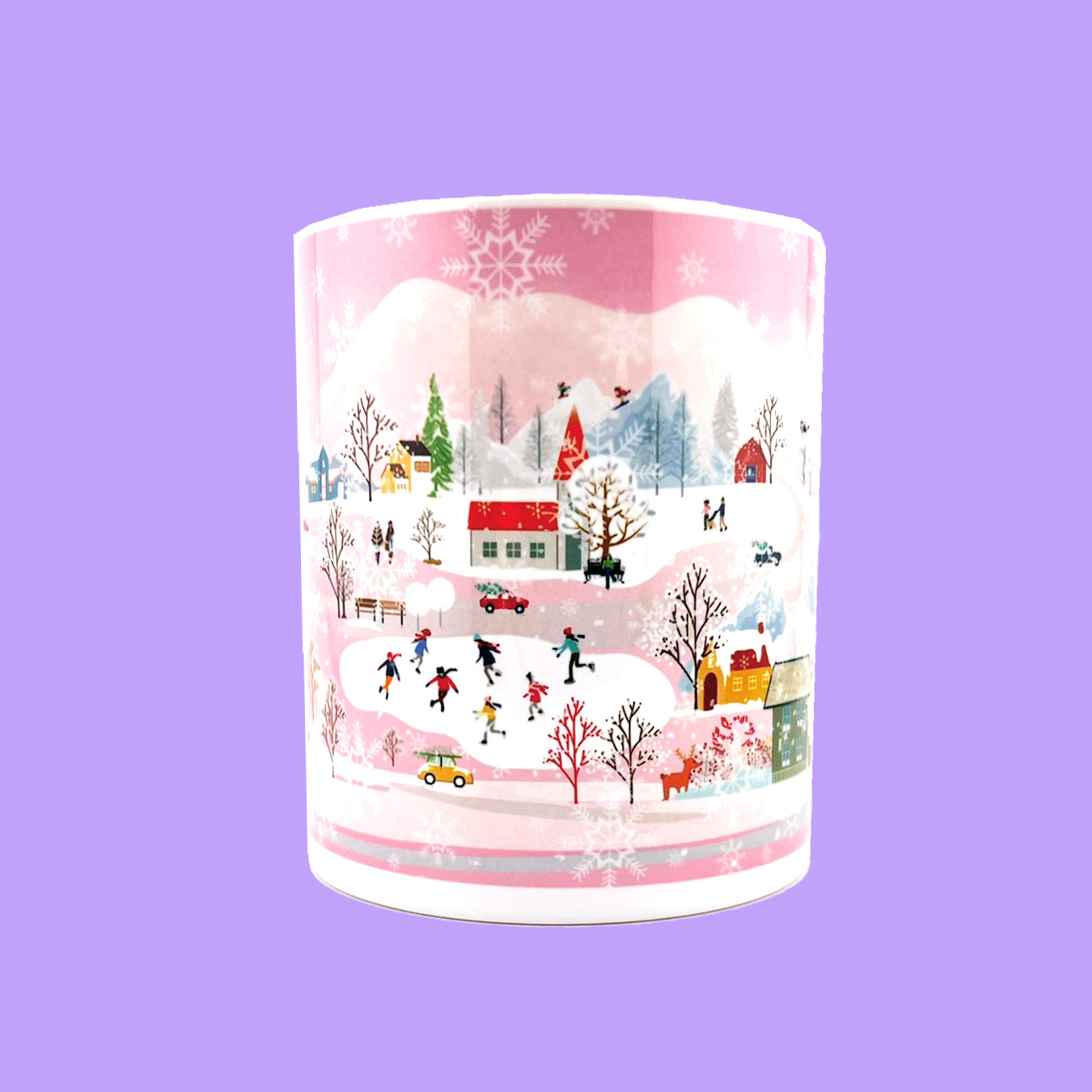 Pink Winter City 11oz Mug - Pink Inside and Handle - Winter Holiday Coffee Mug - Ceramic Tea Cup - Gift For Holiday Season