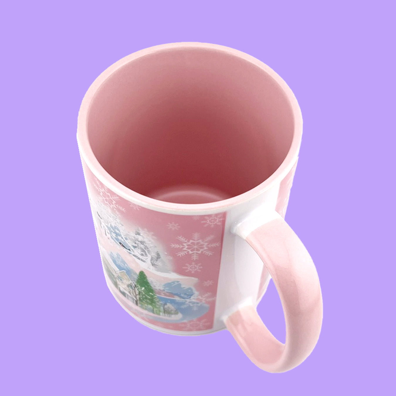 Pink Winter City 11oz Mug - Pink Inside and Handle - Winter Holiday Coffee Mug - Ceramic Tea Cup - Gift For Holiday Season