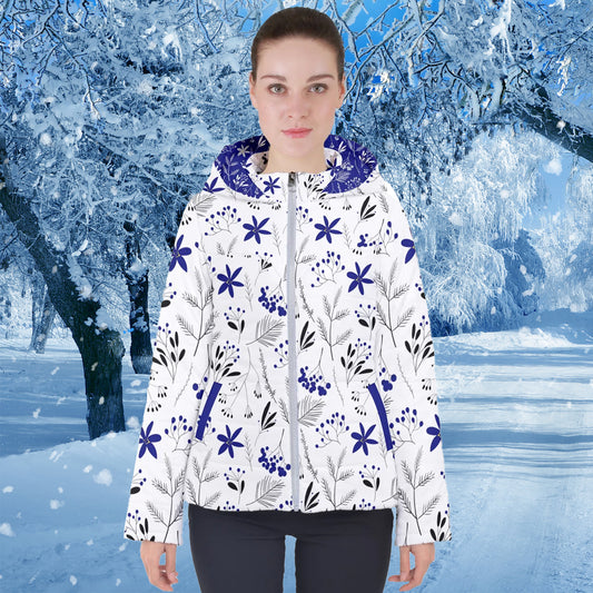 Winter Flowers Dark Blue on White Women's Puffer Jacket