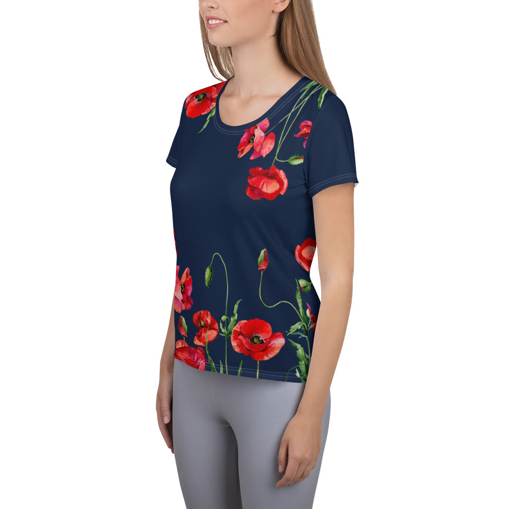 Red Poppies 2 Women's Athletic T-shirt - dark blue