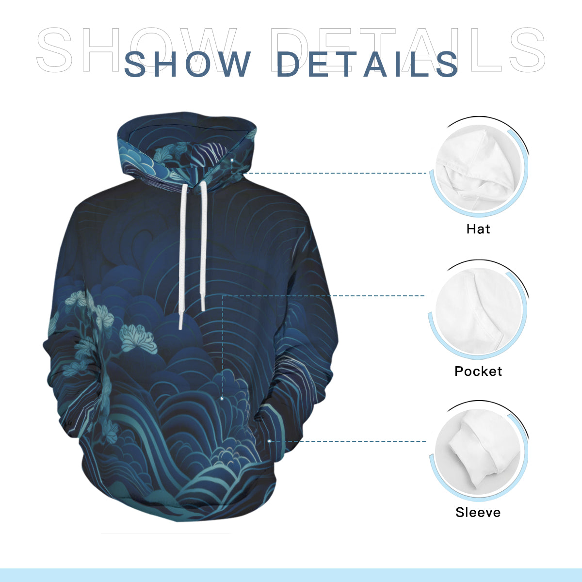 Waves & Flowers Blue Cotton Pullover Hoodie Unisex 320GSM