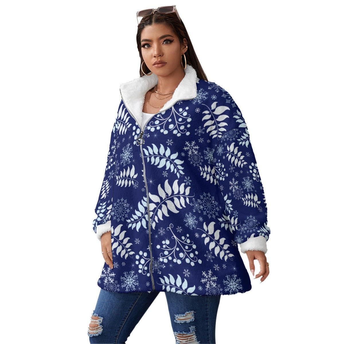 All-Over Print Unisex Borg Fleece Stand-up Collar Coat With Zipper Closure(Plus Size)