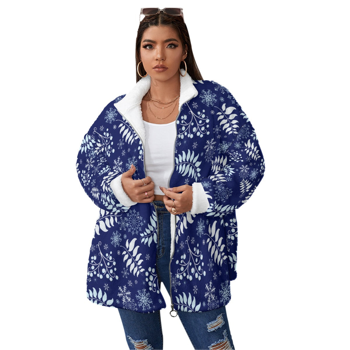All-Over Print Unisex Borg Fleece Stand-up Collar Coat With Zipper Closure(Plus Size)