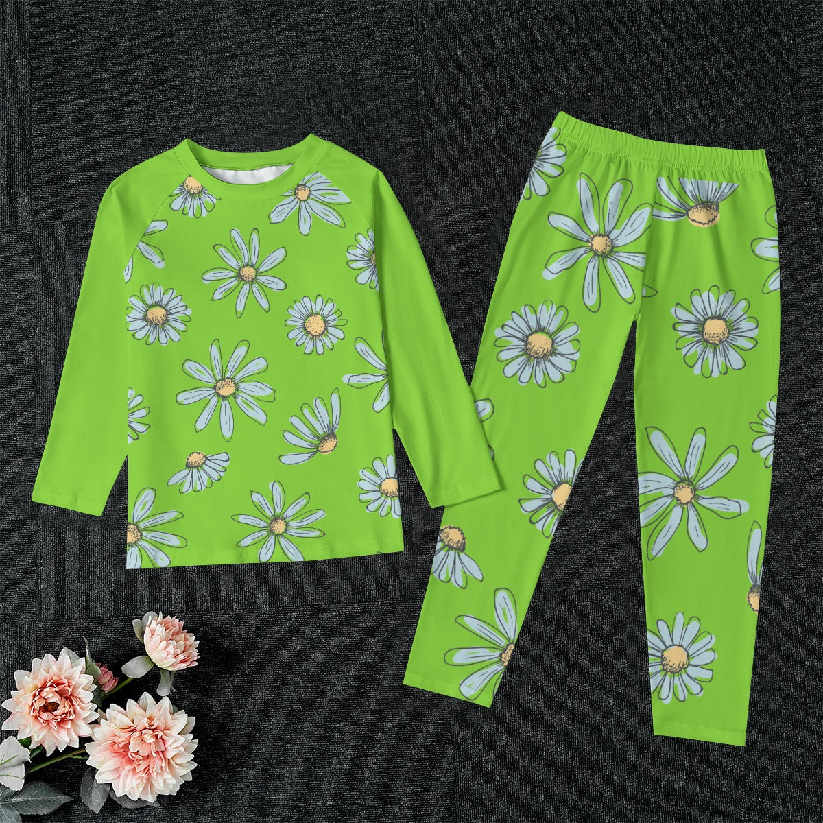 Daisies on Green Kid's Pajamas With Wide Ankles