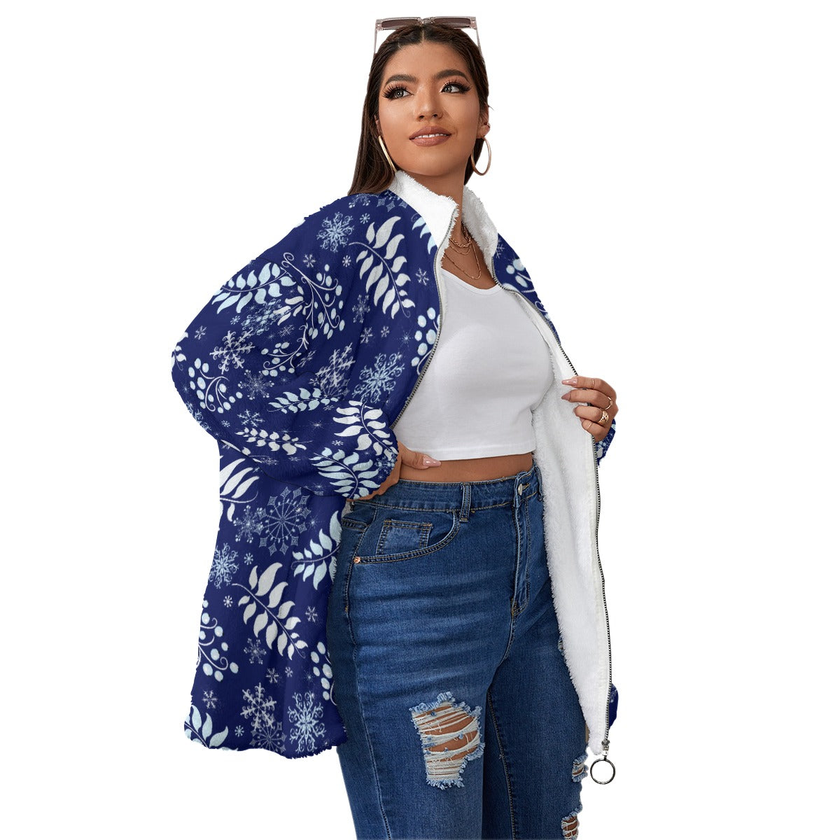 All-Over Print Unisex Borg Fleece Stand-up Collar Coat With Zipper Closure(Plus Size)