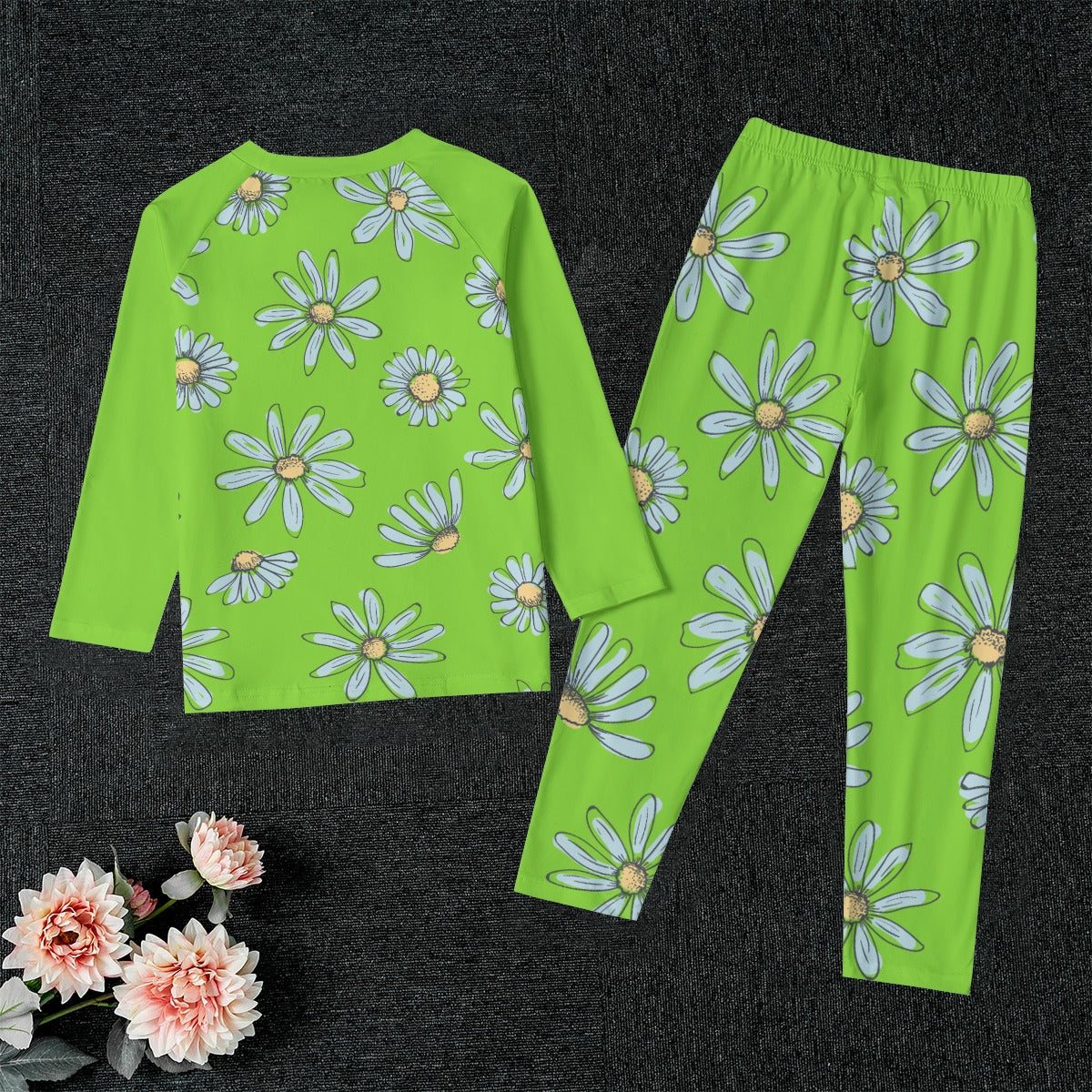 Daisies on Green Kid's Pajamas With Wide Ankles