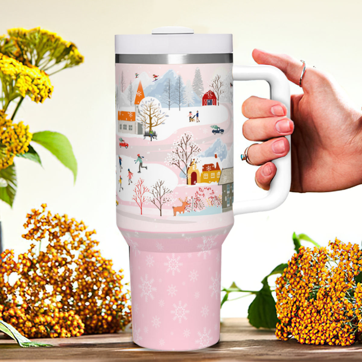 Winter Town (pink) 40 oz Insulated Tumbler with straw