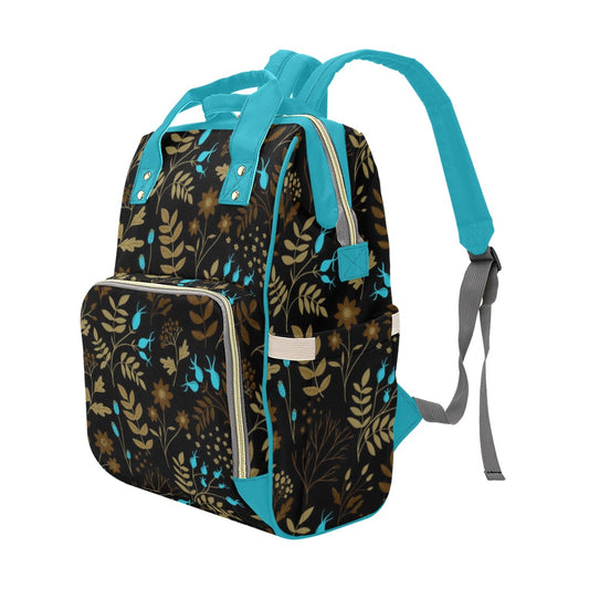 Dark Brown-Blue Flowers Multipurpose Backpack/Diaper Bag
