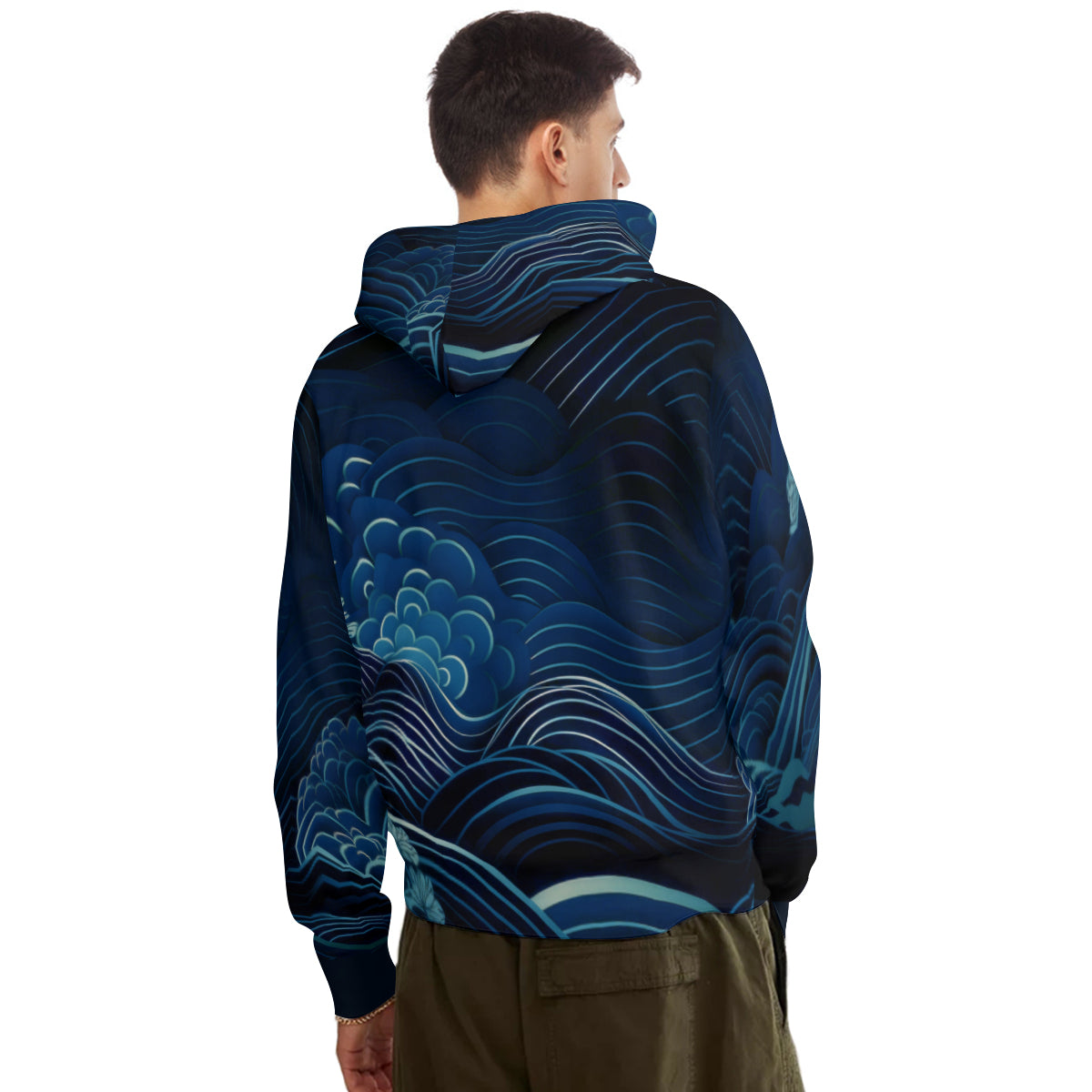 Waves & Flowers Blue Cotton Pullover Hoodie Unisex 320GSM