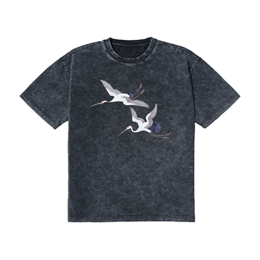 Flying Cranes Vintage Unisex Stone Wash T-Shirt Cotton
