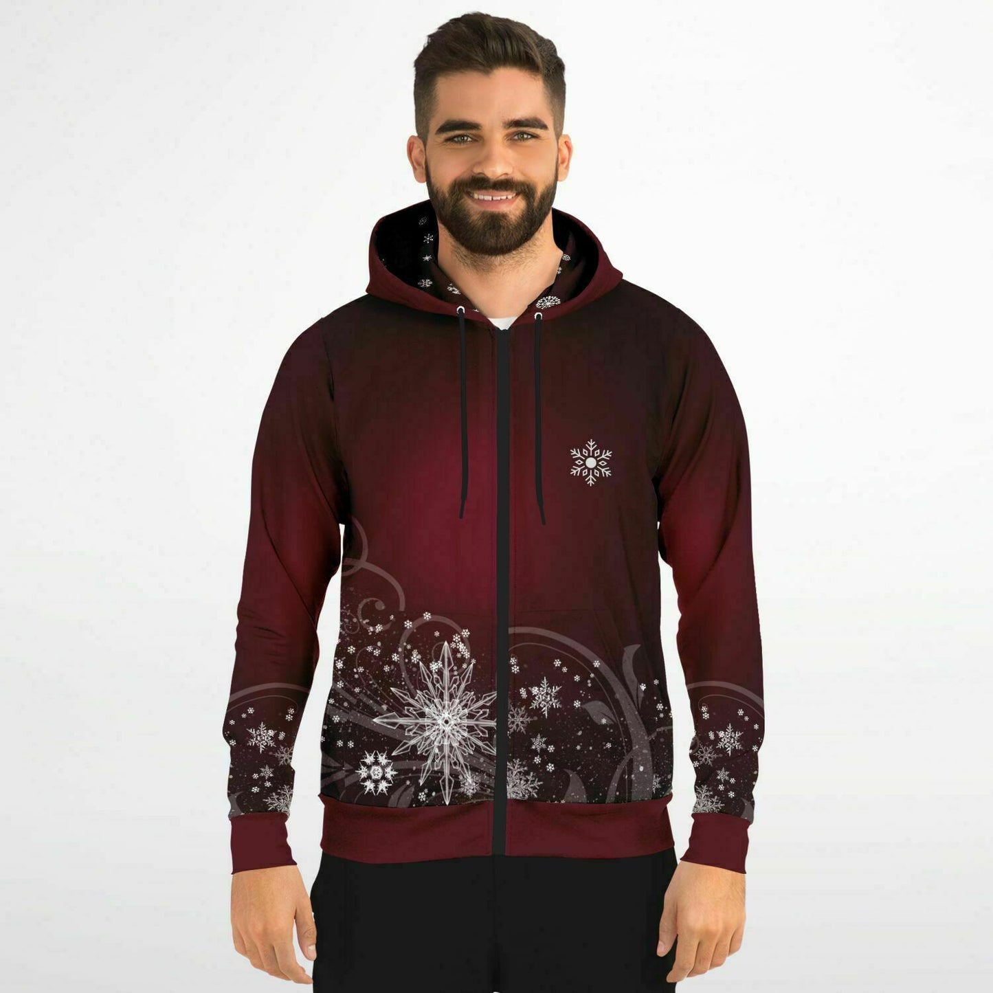 Dark Red Snowflake Zip Hoodie