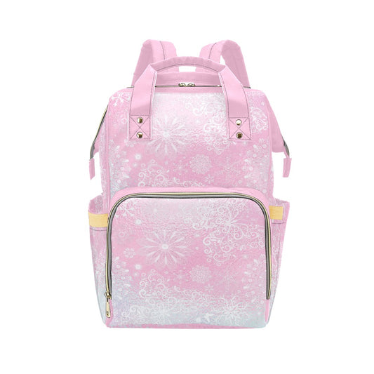 Snowflakes on Pink Glass Multipurpose Backpack/Diaper Bag