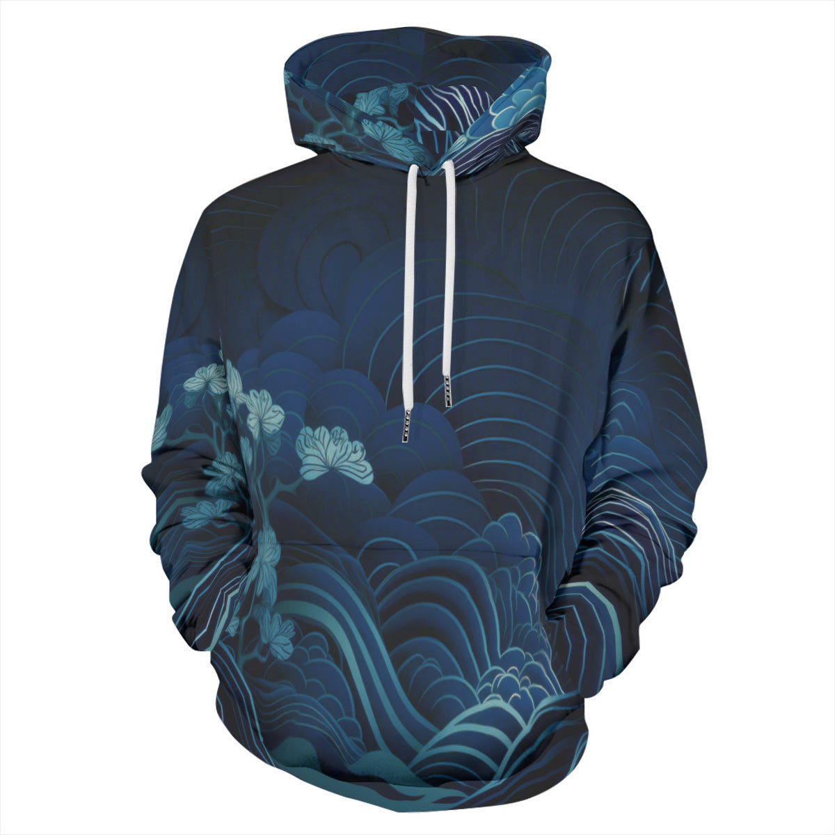 Waves & Flowers Blue Cotton Pullover Hoodie Unisex 320GSM