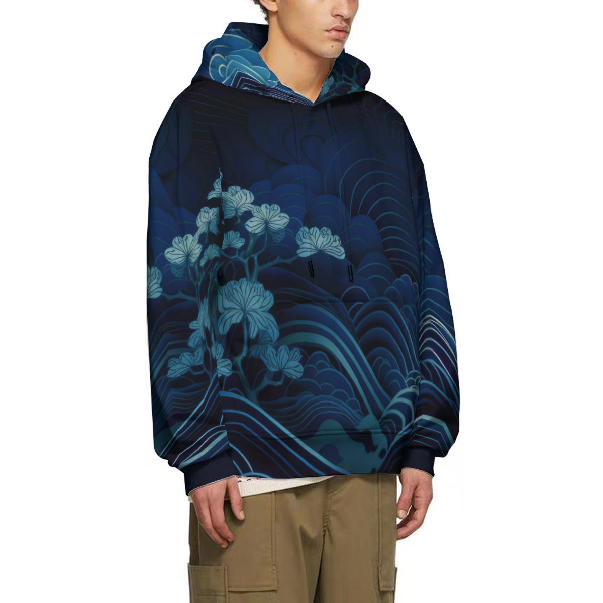 Waves & Flowers Blue Cotton Pullover Hoodie Unisex 320GSM