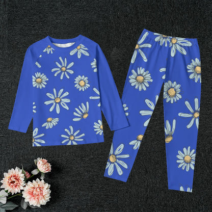 Daisies on Dark Blue Kid's Pajamas With Wide Ankles *