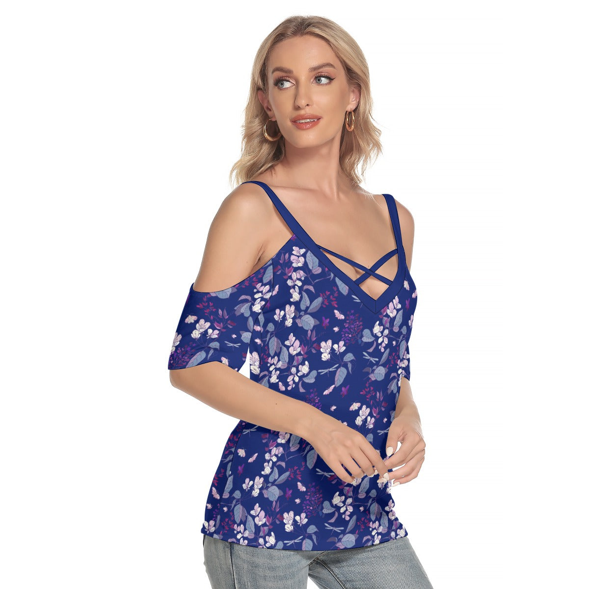 Summer Flowers Women's Cold Shoulder T-shirt  Dark Blue