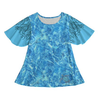 Under-the-Water Women's Top - Round Neck - Butterfly Sleeves - Blue Marble Pattern