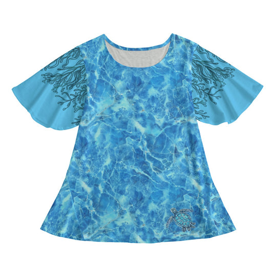 Under-the-Water Women's Top - Round Neck - Butterfly Sleeves - Blue Marble Pattern