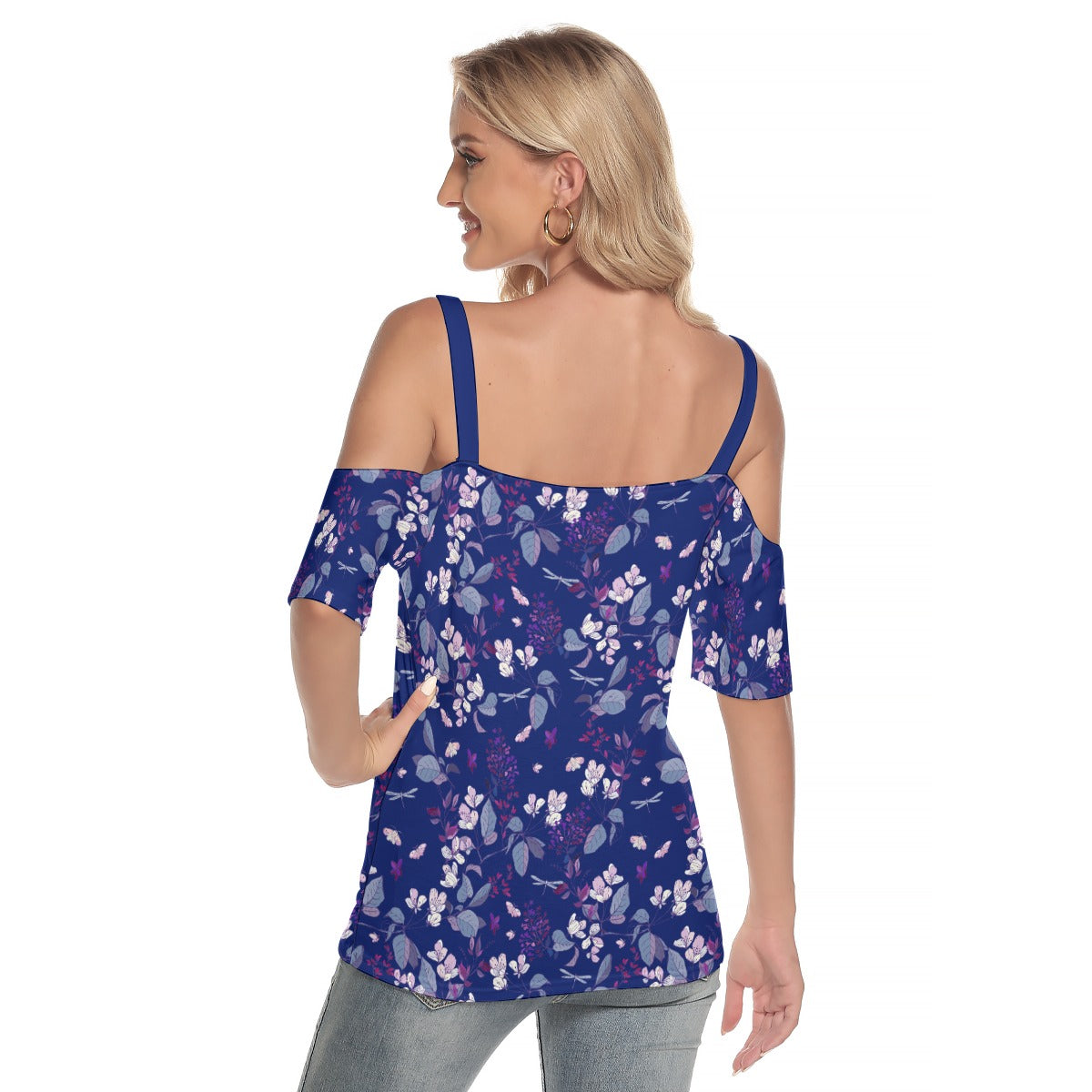 Summer Flowers Women's Cold Shoulder T-shirt  Dark Blue