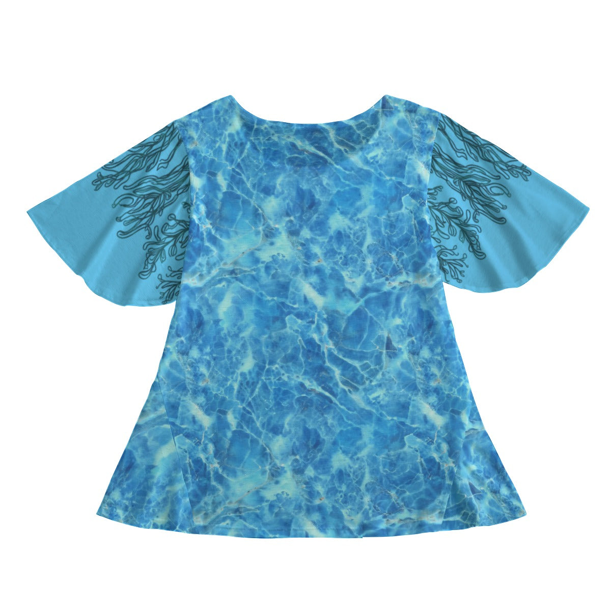 Under-the-Water Women's Top - Round Neck - Butterfly Sleeves - Blue Marble Pattern