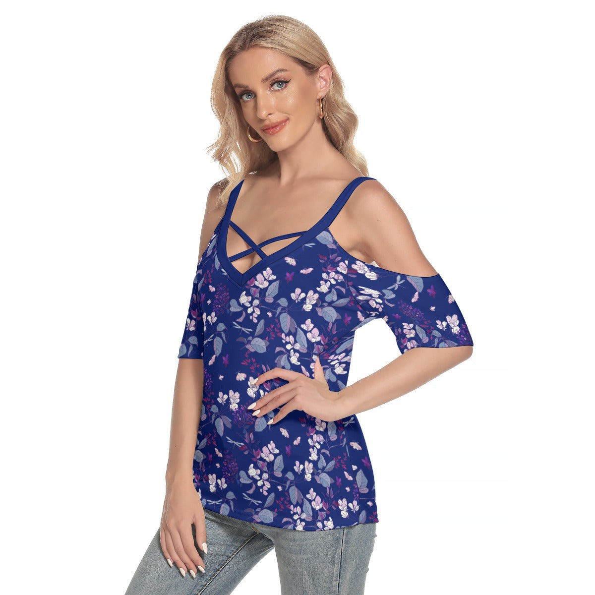 Summer Flowers Women's Cold Shoulder T-shirt  Dark Blue