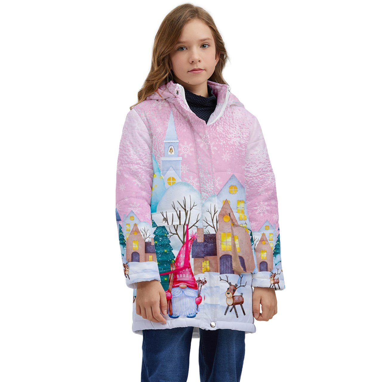 Winter Gnome Village Kids Longline Puffer Jacket - pink glass