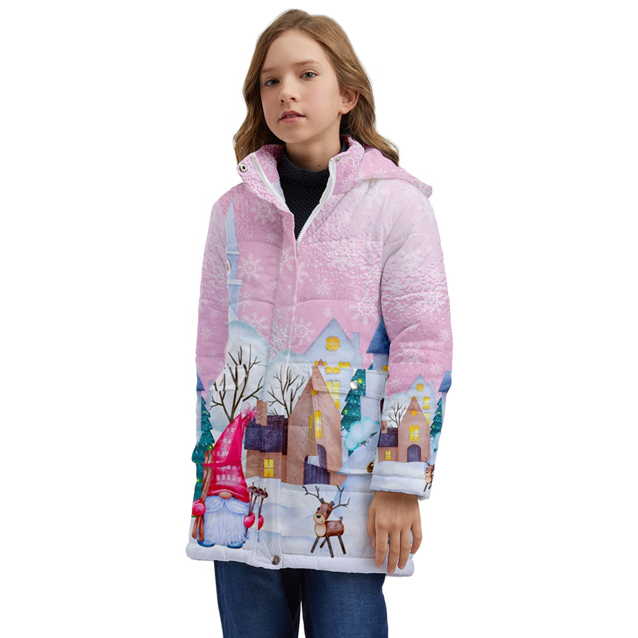 Winter Gnome Village Kids Longline Puffer Jacket - pink glass