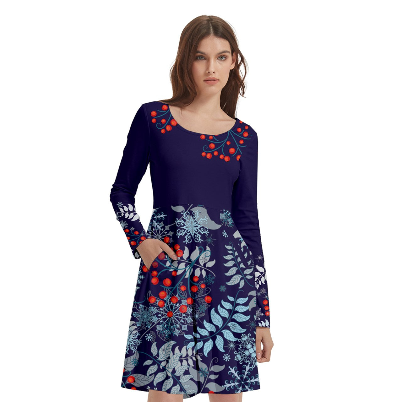 Winter Berries Long Sleeve Skater Dress With Pockets