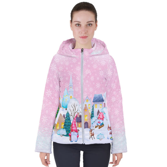 Gnome's Town in Winter Women's Puffer Jacket  Women's Hooded Puffer Jacket