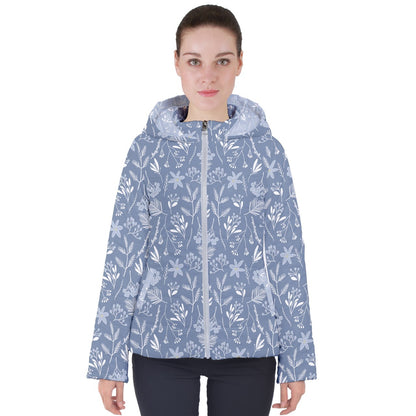 Winter Flowers Silver Blue Women's Puffer Jacket