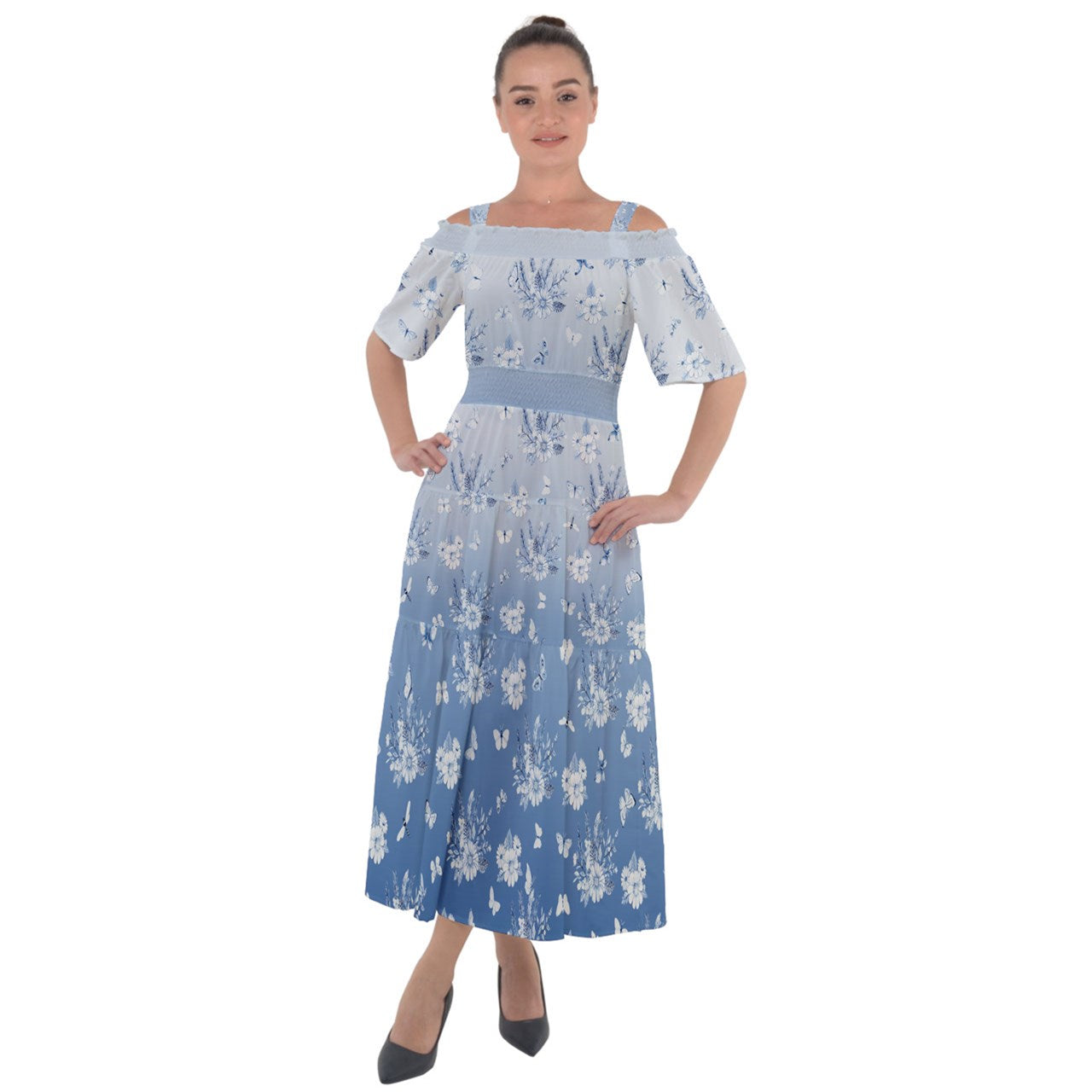 Blue Flowers Shoulder Straps Boho Maxi Dress