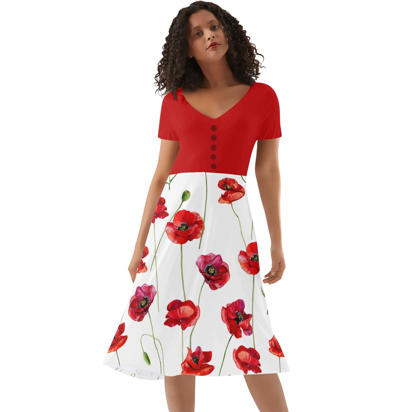 Red Poppies Womens V-neck Dress