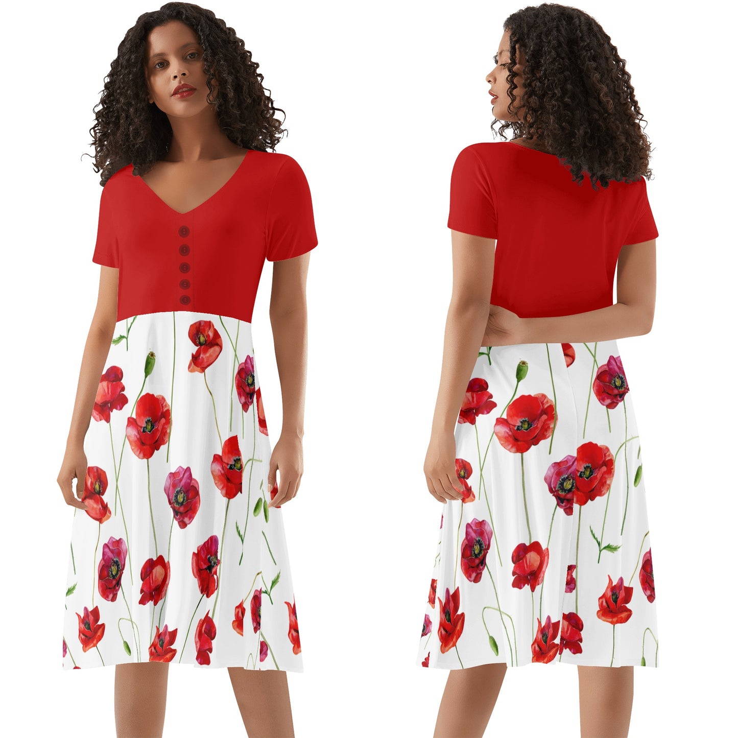 Red Poppies Womens V-neck Dress