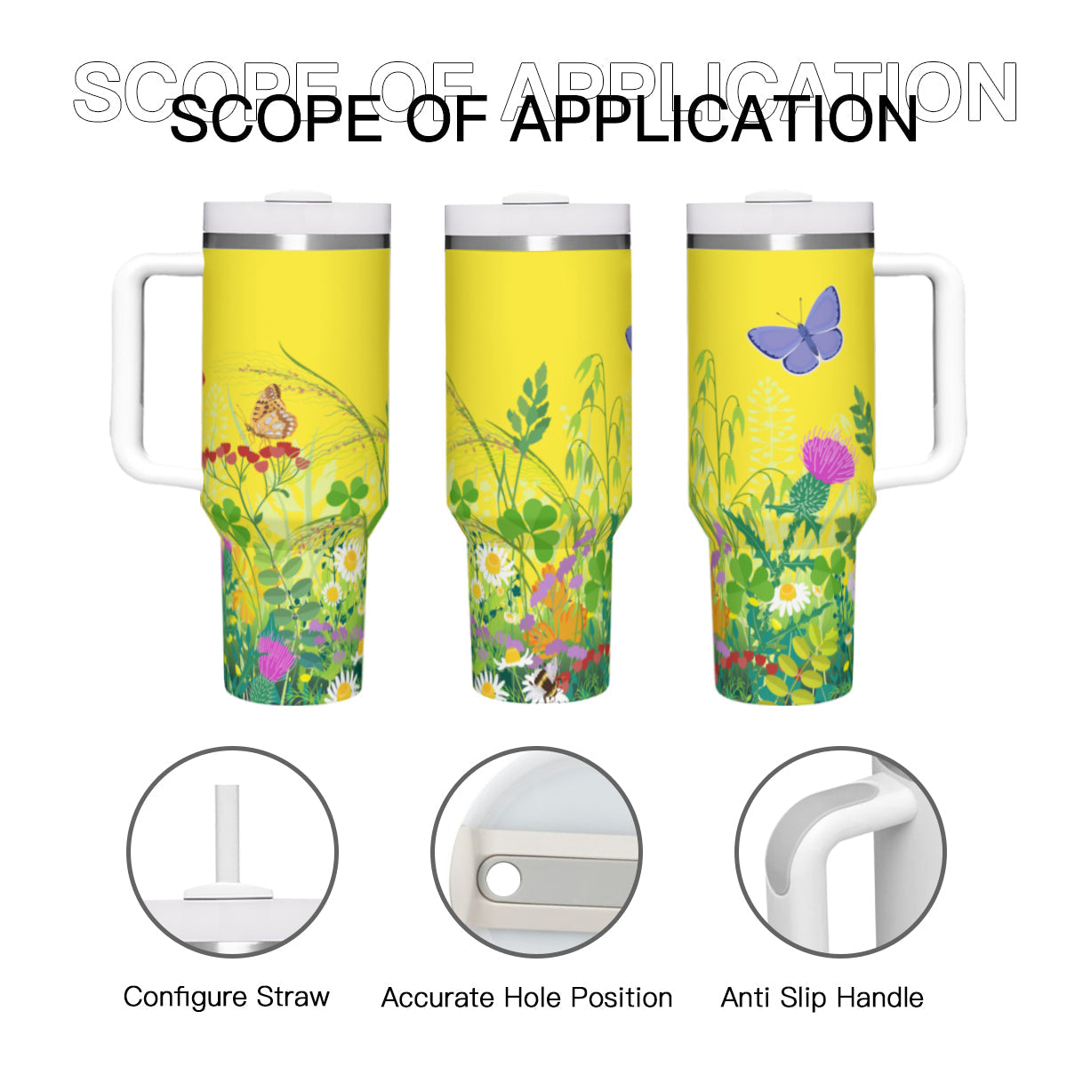 Summer Butterflies Yellow 40oz Tumbler with Handle Stainless Steel