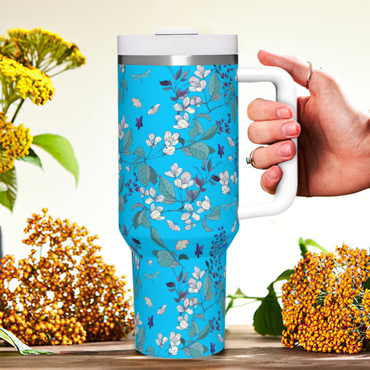 Summer Flowers Blue 40oz Tumbler with Handle Stainless Steel