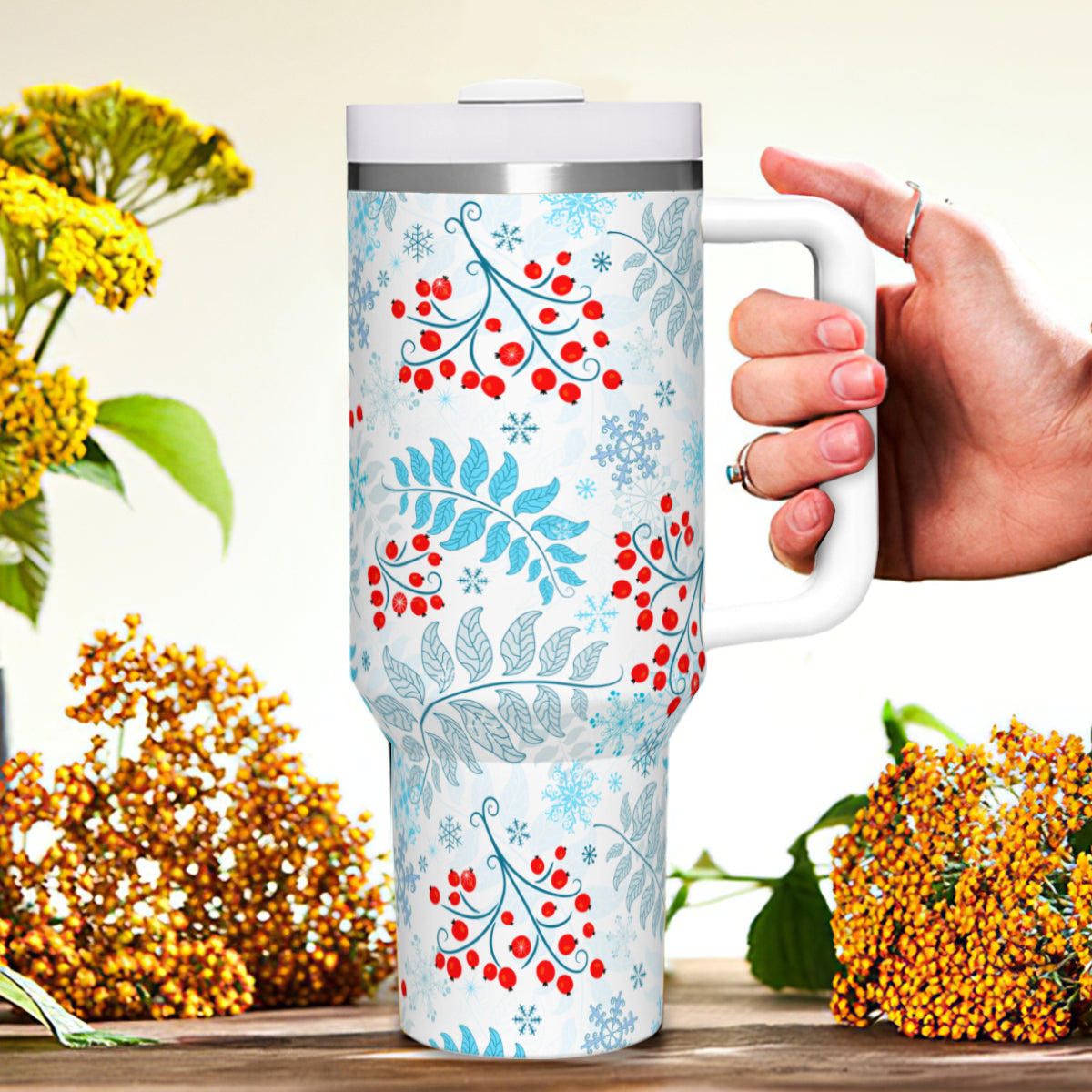 Winter Berries 20oz Tumbler with Handle Stainless Steel